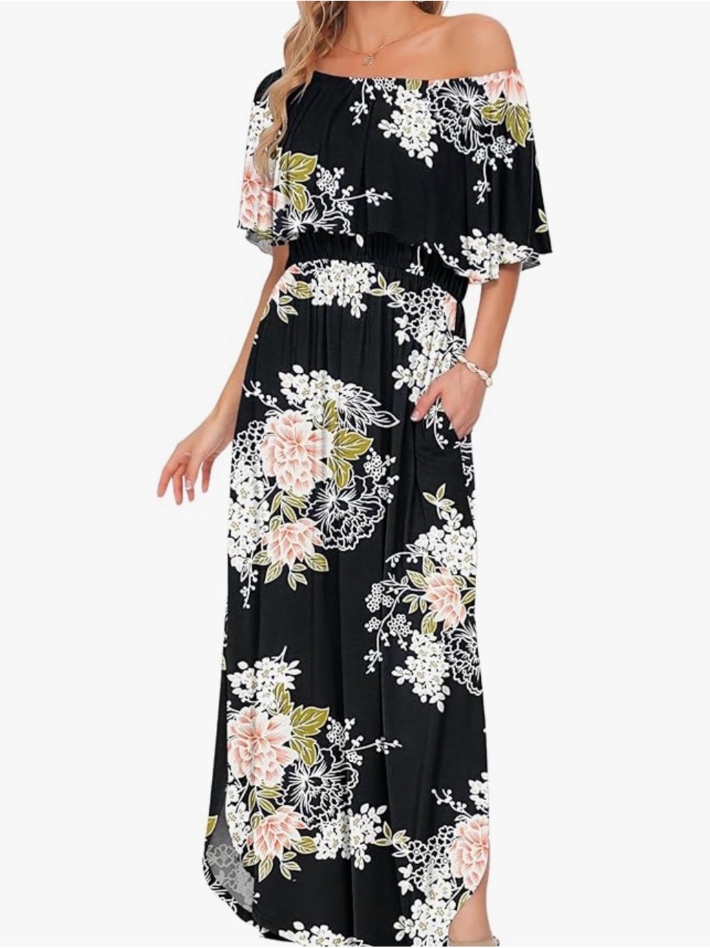 Off-Shoulder Black Floral Maxi Dress